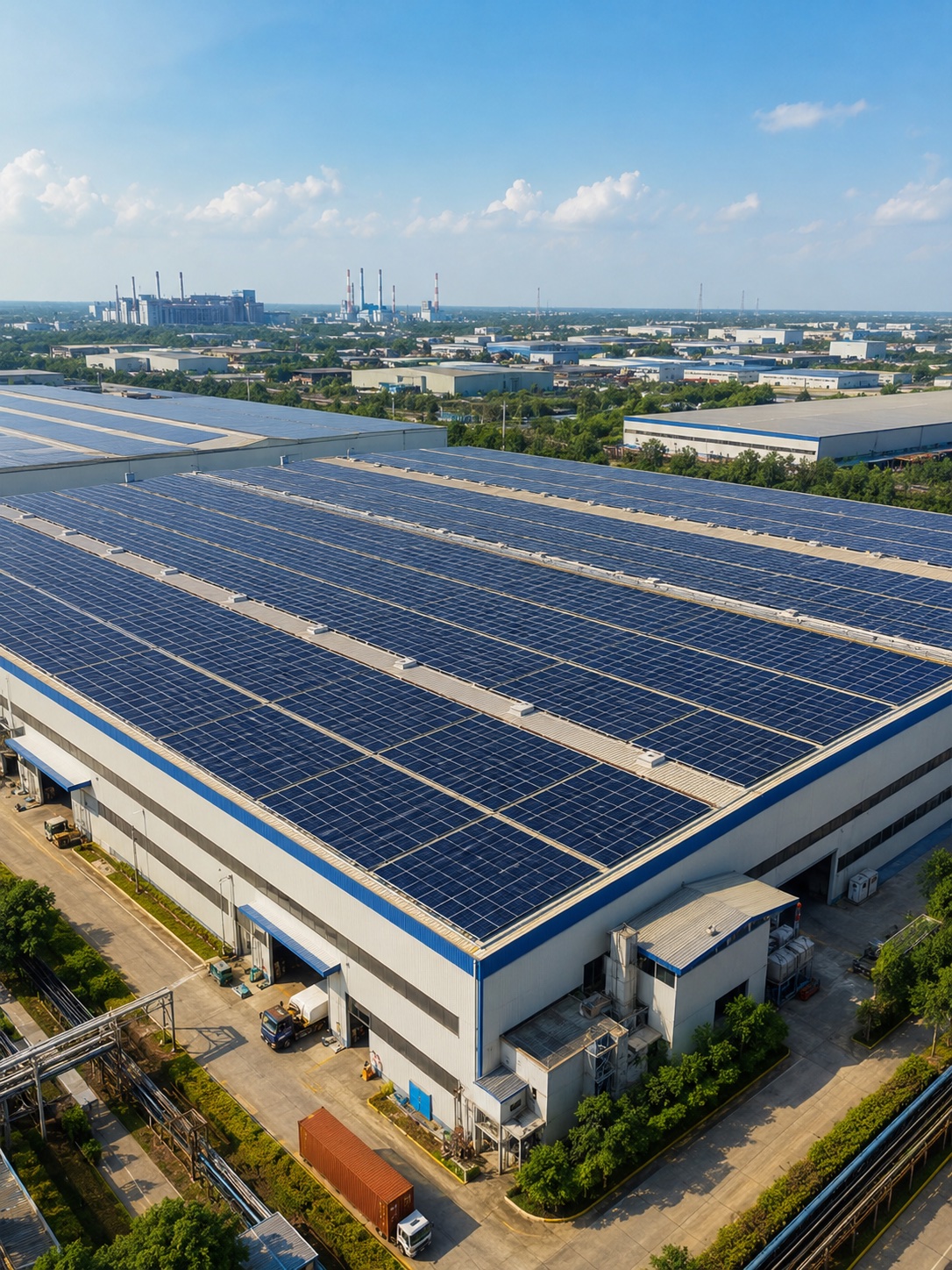 Industrial building powered by rooftop solar panels